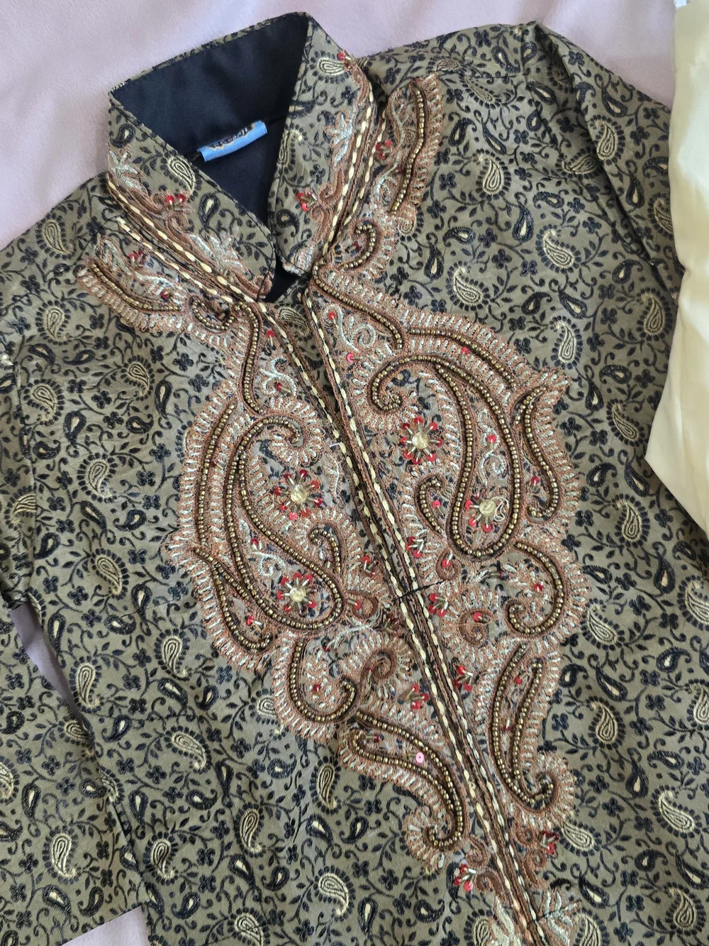 New Boys Embroidered Gold & Black Kurta Set with Cream Pants